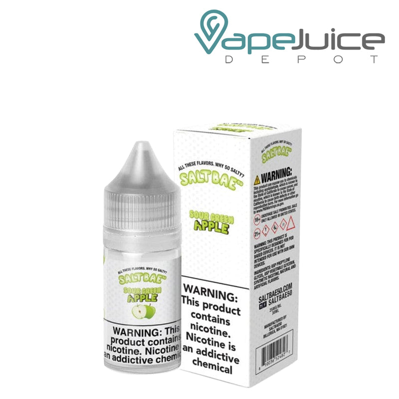 A 30ml bottle of Sour Green Apple SaltBae50 Salt and a box with a warning sign next to it - Vape Juice Depot