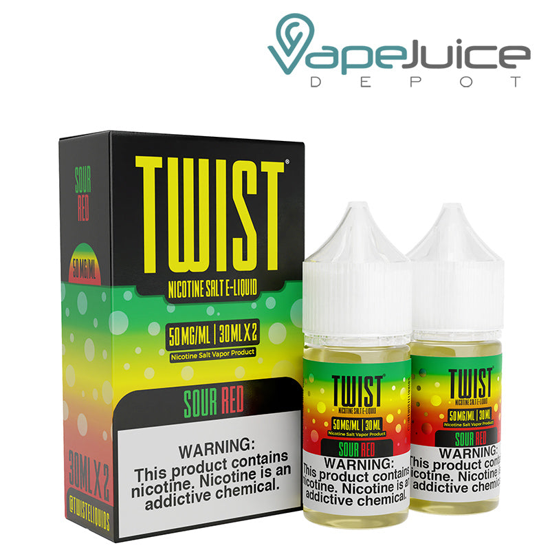 A box of Sour Red Twist Salt 50mg E-Liquid with a warning sign and two 30ml bottles next to it - Vape Juice Depot