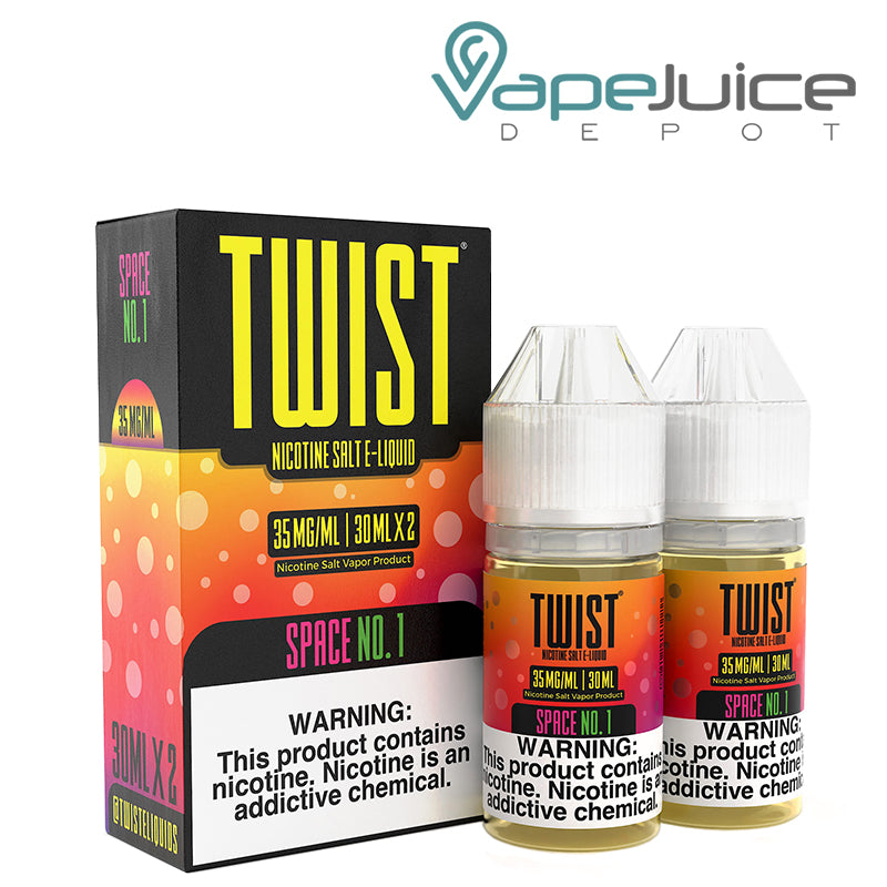 A box of Space No 1 Twist Salt 35mg E-Liquid with a warning sign and two 30ml bottles next to it - Vape Juice Depot