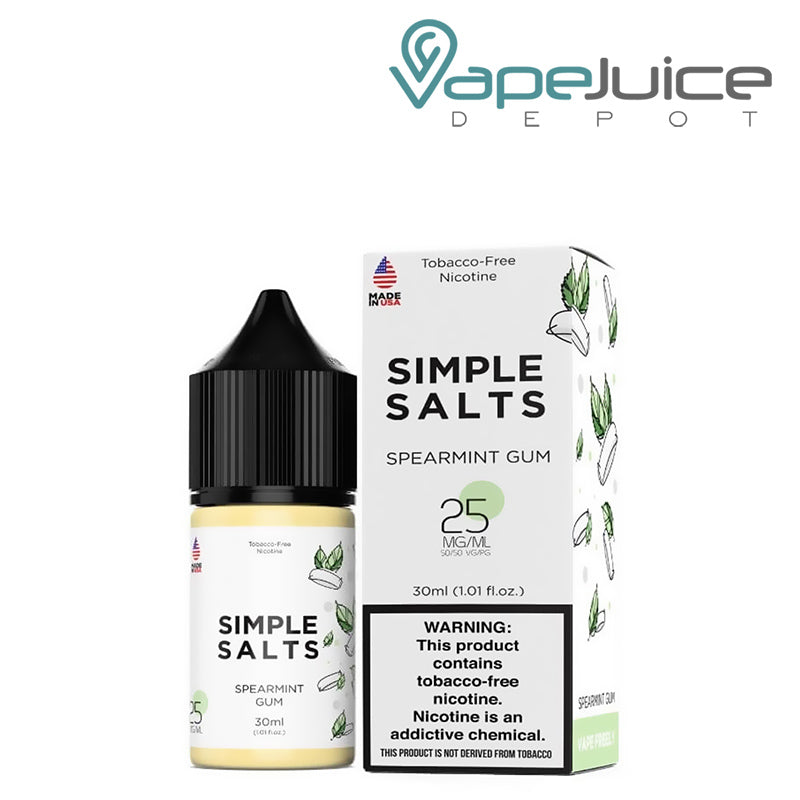 A 30ml bottle of Spearmint Gum Simple Salts TFN and a box with a warning sign next to it - Vape Juice Depot