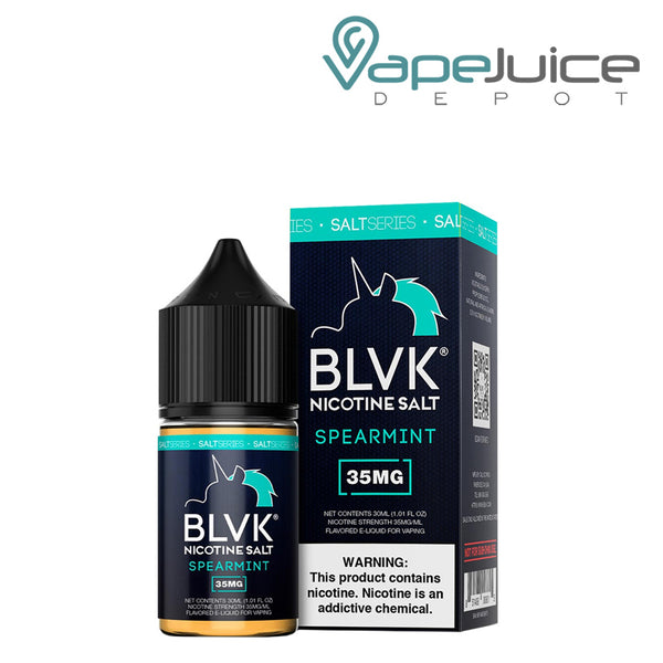 A 30ml bottle of Spearmint Salt BLVK Unicorn eLiquid and a box with a warning sign next to it - Vape Juice Depot