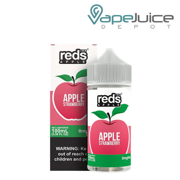 A box of Strawberry 7Daze Reds Apple eJuice 100ml with a warning sign and a 100ml bottle next to it - Vape Juice Depot