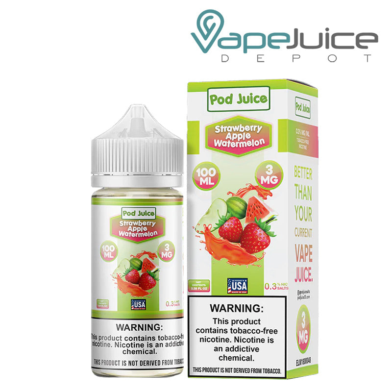 A 100ml bottle of Strawberry Apple Watermelon Pod Juice TFN with a warning sign and a box next to it - Vape Juice Depot