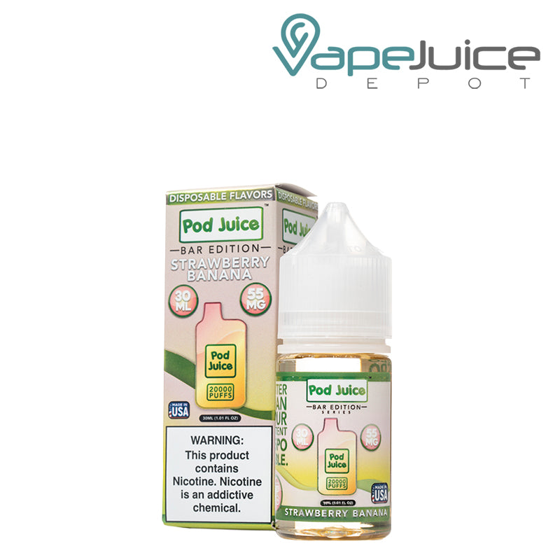 A box of Strawberry Banana Pod Juice Bar Edition Salt with a warning sign and a 30ml bottle next to it - Vape Juice Depot