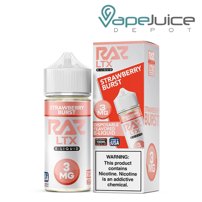 A box of Strawberry Burst Pod Juice x Raz LTX eLiquid with a warning sign and a 100ml bottle next to it - Vape Juice Depot