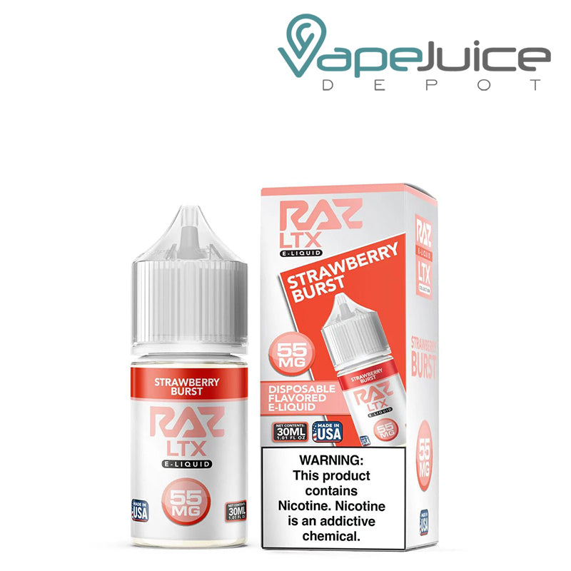 A box of Strawberry Burst Pod Juice x Raz LTX salt with a warning sign and a 30ml bottle next to it - Vape Juice Depot