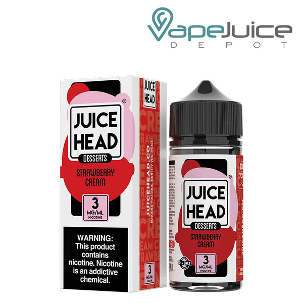 A box of Strawberry Cream Desserts ZTN Juice Head with a warning sign and a 100ml bottle next to it - Vape Juice Depot