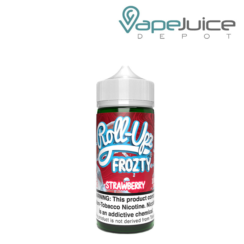 A 100ml bottle of Strawberry Frozty Juice Roll Upz with a warning sign - Vape Juice Depot