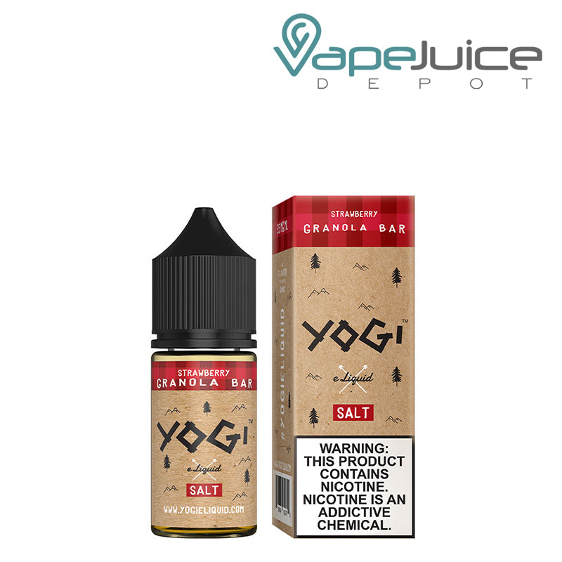 A 30ml bottle of Strawberry Granola Bar YOGI Salts and a box with a warning sign next to it - Vape Juice Depot