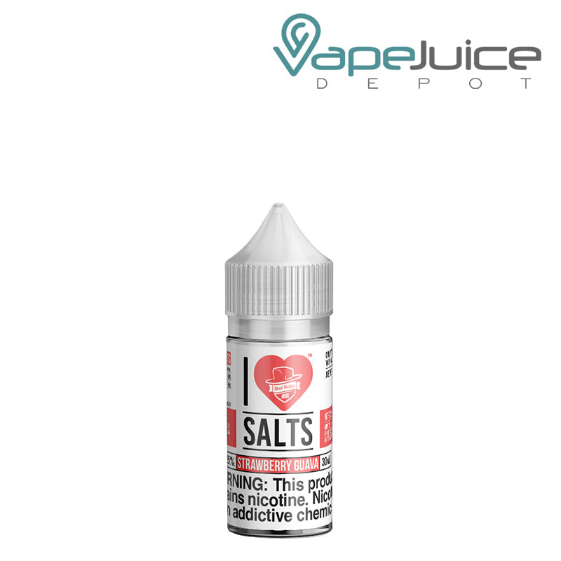 A 30ml bottle of Strawberry Guava I Love Salts by Mad Hatter with a warning sign - Vape Juice Depot