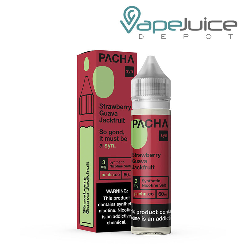 A box of Strawberry Guava Jackfruit PachaMama with a warning sign and a 60ml bottle next to it - Vape Juice Depot