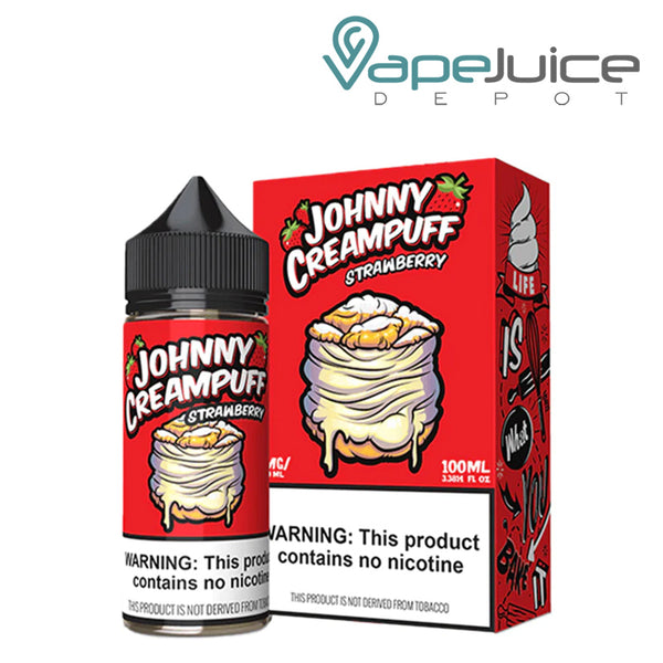A 100ml bottle of Strawberry Johnny Creampuff eLiquid with a warning sign and a box next to it - Vape Juice Depot