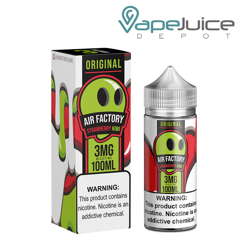A box of Strawberry Kiwi Air Factory eLiquid with a warning sign and a 100ml bottle next to it - Vape Juice Depot