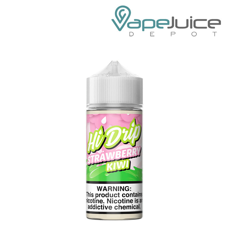 A 100ml bottle of Strawberry Kiwi Hi Drip eLiquid with a warning sign - Vape Juice Depot