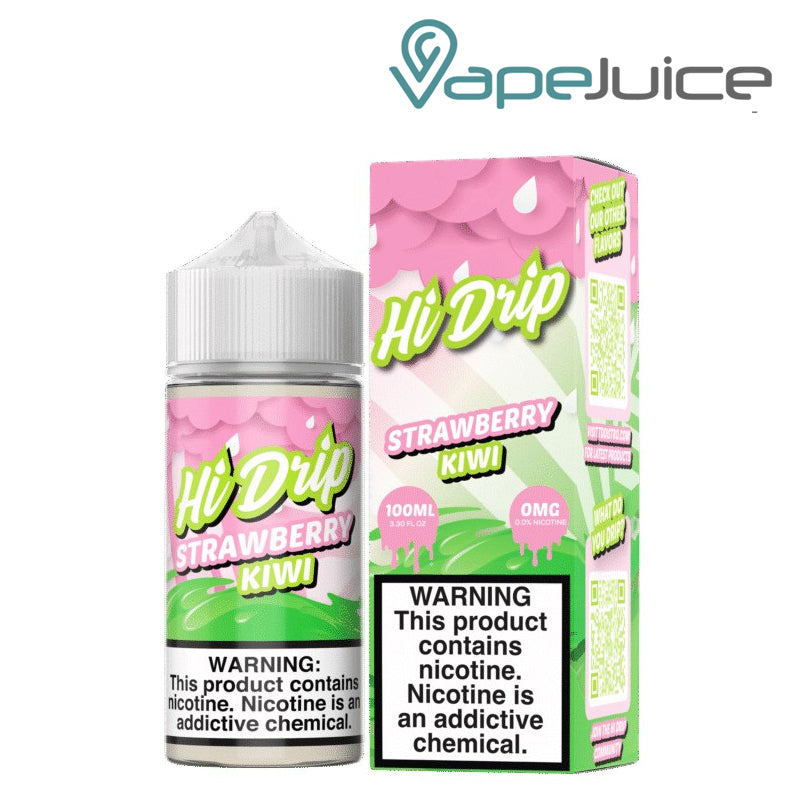 A 100ml bottle of Strawberry Kiwi Hi Drip eLiquid and a box with a warning sign next to it - Vape Juice Depot