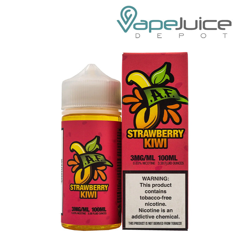 A 100ml bottle of Strawberry Kiwi Juicy AF TFN eLiquid and a box with a warning sign next to it - Vape Juice Depot
