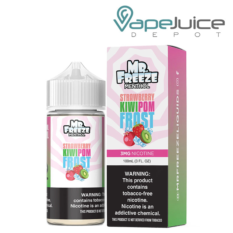 A 100ml bottle of Strawberry Kiwi Pomegranate Frost Mr Freeze eLiquid and a box with a warning sign next to it - Vape Juice Depot