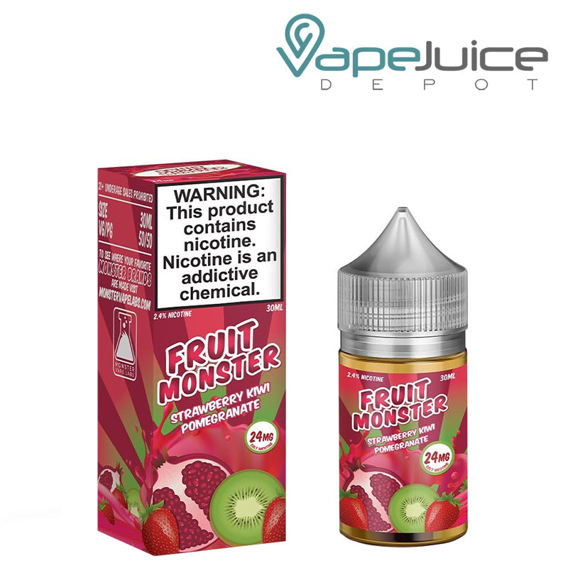 A box of Strawberry Kiwi Pomegranate Fruit Monster Salt with a warning sign and a 30ml bottle next to it - Vape Juice Depot