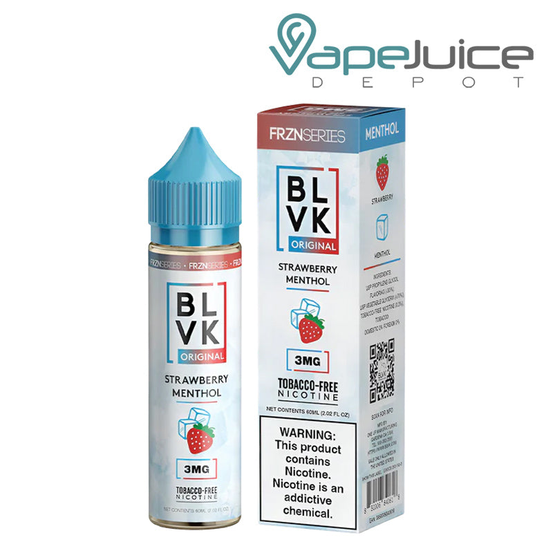 A 60ml bottle of Strawberry Menthol BLVK Unicorn and a box with a warning sign next to it - Vape Juice Depot