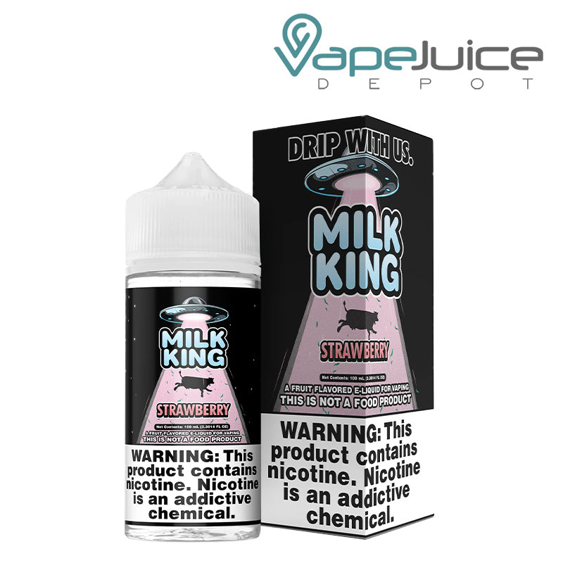 A 100ml bottle of Strawberry Milk King eLiquid and a box with a warning sign next to it - Vape Juice Depot