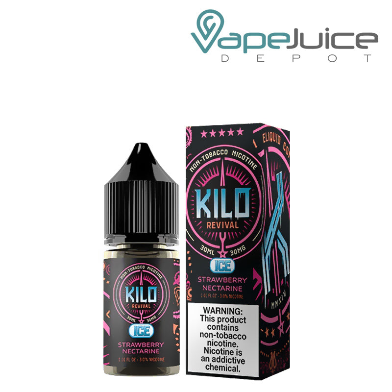 A 30ml bottle of Strawberry Nectarine Ice Kilo Revival TFN Salt and a box with a warning sign next to it - Vape Juice Depot