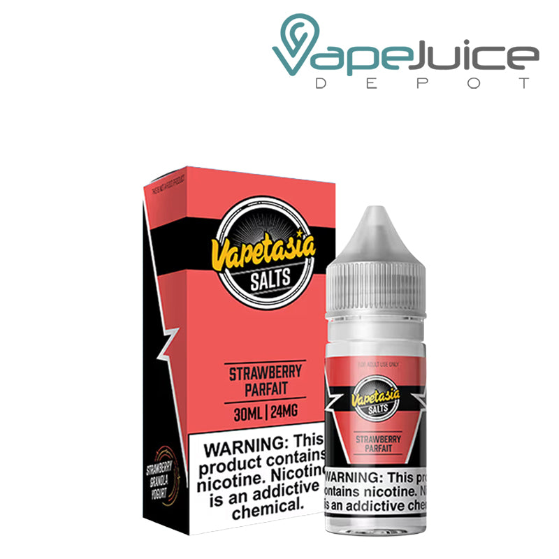 A box of Strawberry Parfait Vapetasia Salts with a warning sign and a 30ml bottle next to it - Vape Juice Depot