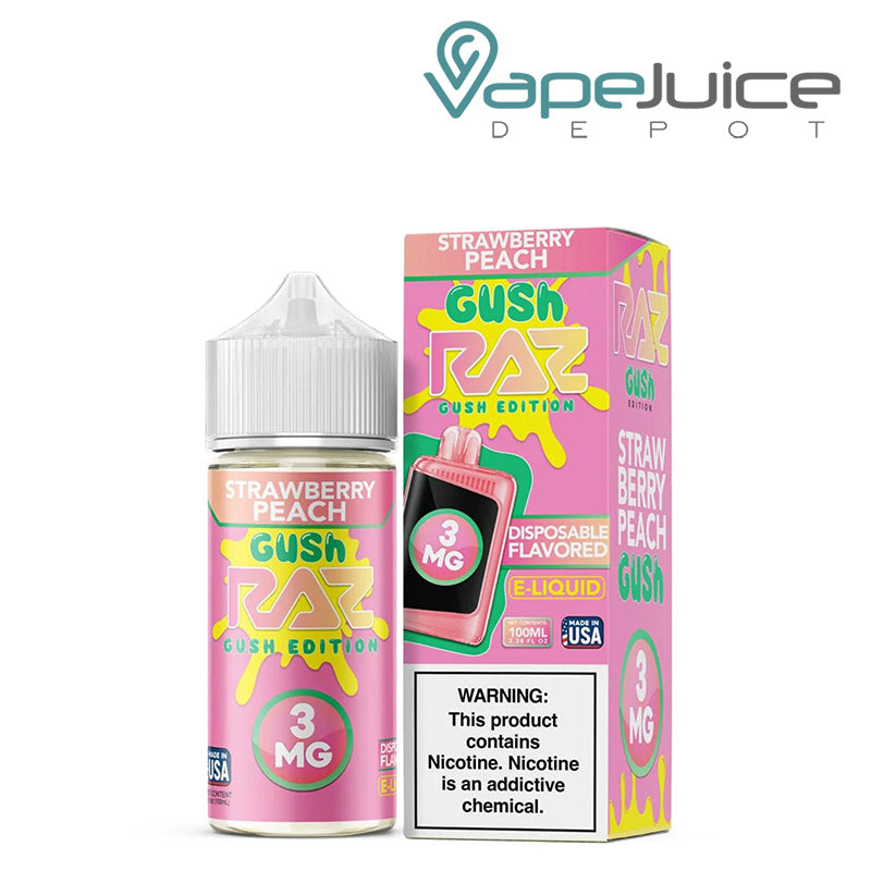 A 100ml bottle of Strawberry Peach Gush Pod Juice x Raz and a box with a warning sign next to it - Vape Juice Depot