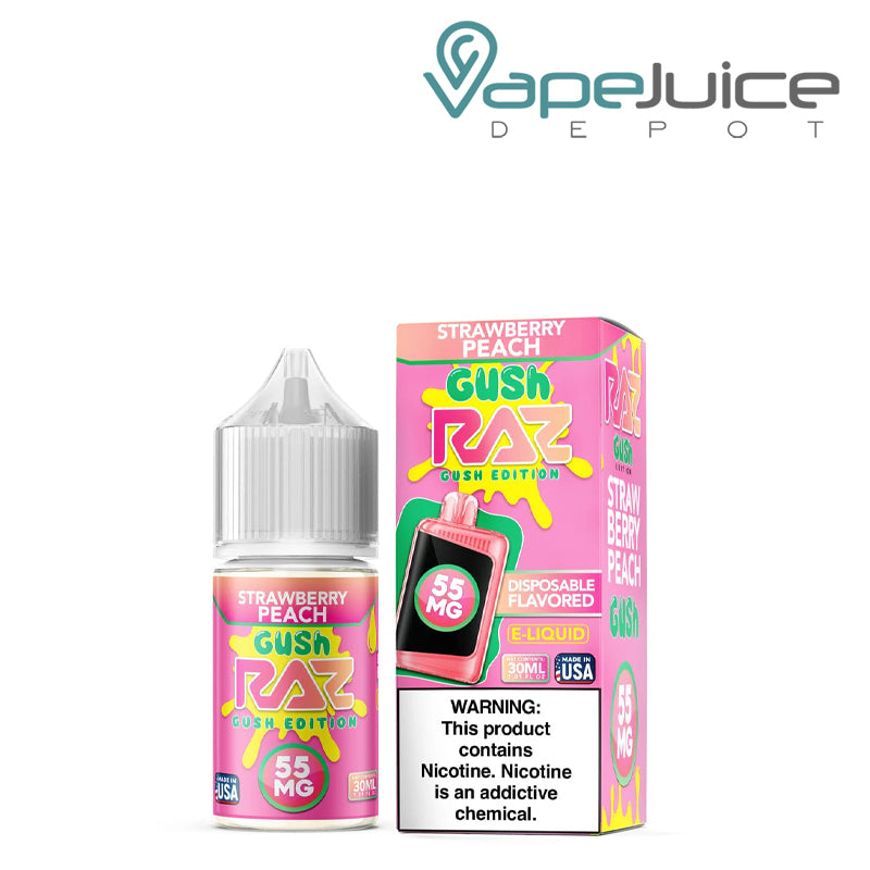 A 30ml bottle of Strawberry Peach Gush Pod Juice x Raz Salt and a box with a warning sign next to it - Vape Juice Depot