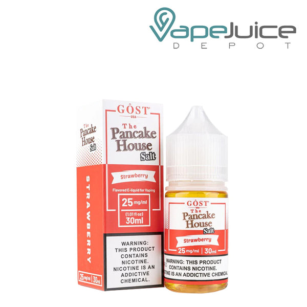 A box of Strawberry Salts The Pancake House with a warning sign and a 30ml bottle next to it - Vape Juice Depot