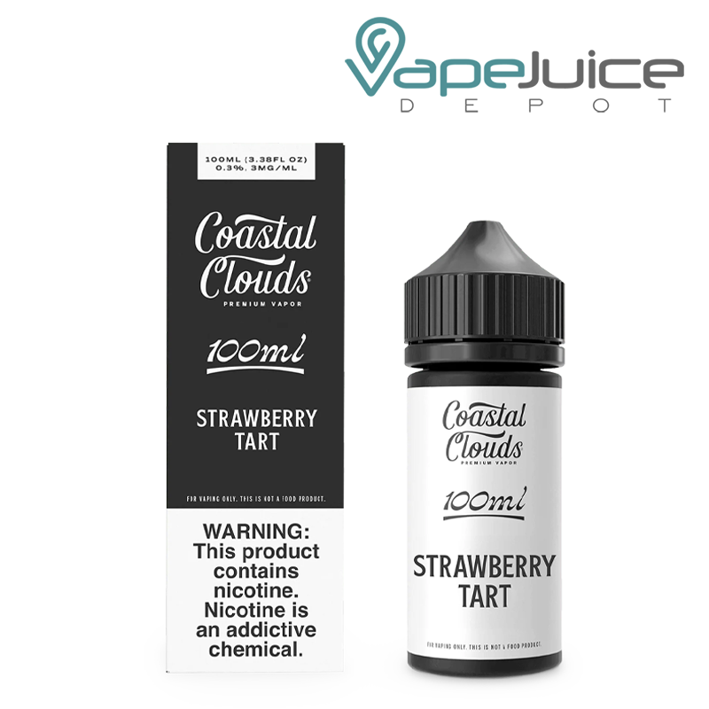A box of Strawberry Tart Coastal Clouds 100ml with a warning sign and a bottle next to it - Vape Juice Depot