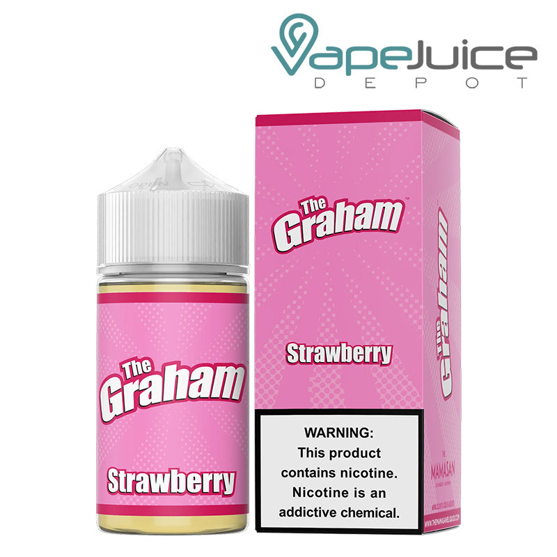 A 60ml bottle of Strawberry The Graham Mamasan and a box with a warning sign next to it - Vape Juice Depot
