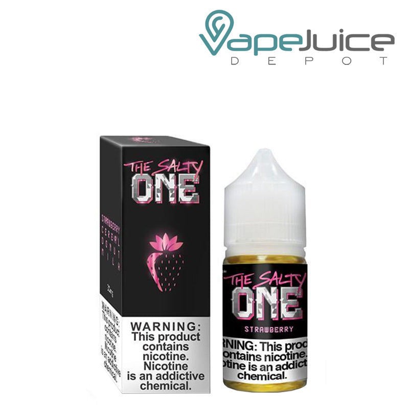 A box of Strawberry The Salty One eLiquid with a warning sign and a 30ml bottle next to it - Vape Juice Depot