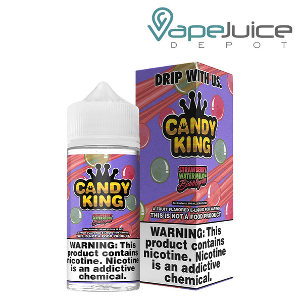 A 100ml bottle of Strawberry Watermelon Bubble Gum Candy King and a box with a warning sign next to it - Vape Juice Depot