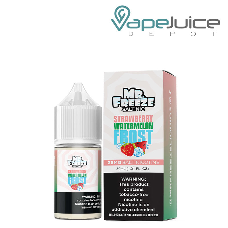 A 30ml bottle of Strawberry Watermelon Frost Mr Freeze Salt Nic and a box with a warning sign next to it - Vape Juice Depot