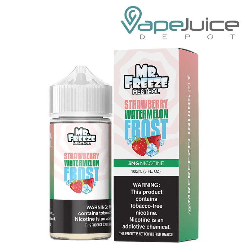 A 100ml bottle of Strawberry Watermelon Frost Mr Freeze eLiquid and a box with a warning sign next to it - Vape Juice Depot