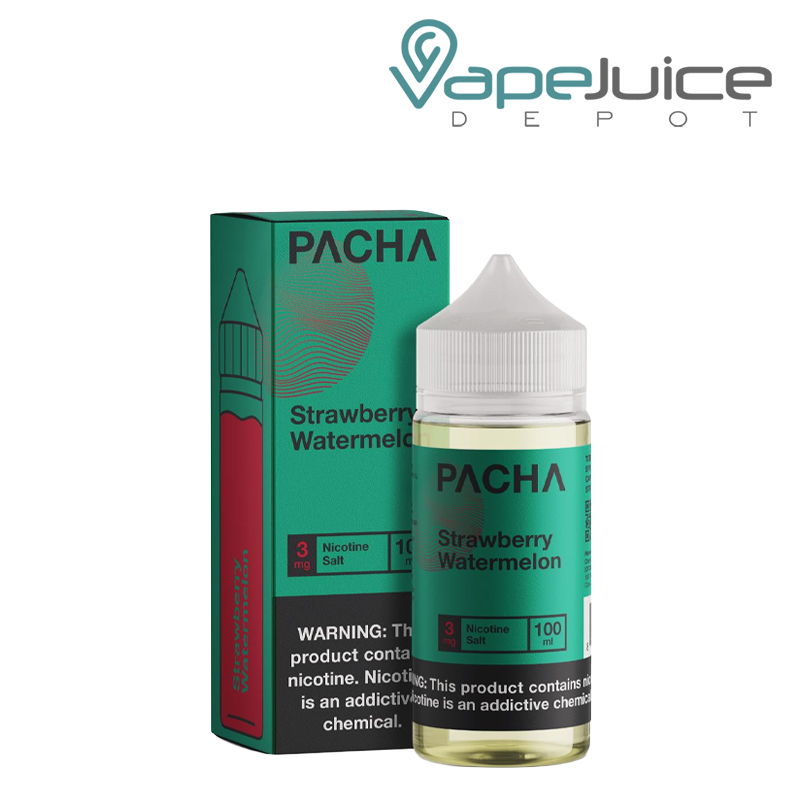 A Box of Strawberry Watermelon Pacha with a warning sign and a 100ml bottle next to it - Vape Juice Depot