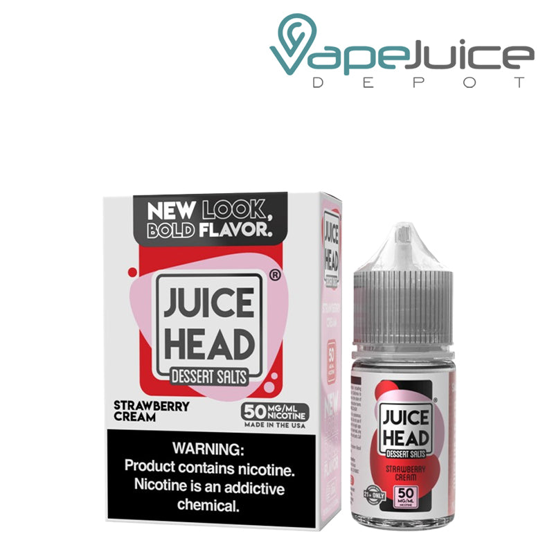 A box of Strawberry Cream Juice Head Dessert salt with a warning sign and a 30ml bottle next to it - Vape Juice Depot