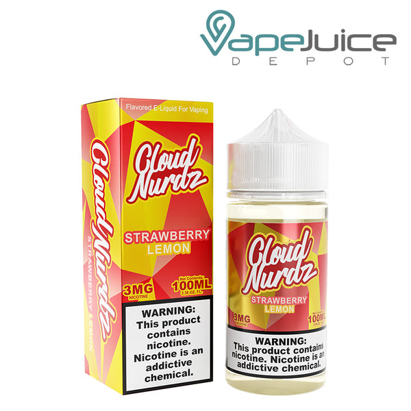A box of Strawberry Lemon Cloud Nurdz eLiquid with a warning sign and a 100ml bottle next to it - Vape Juice Depot