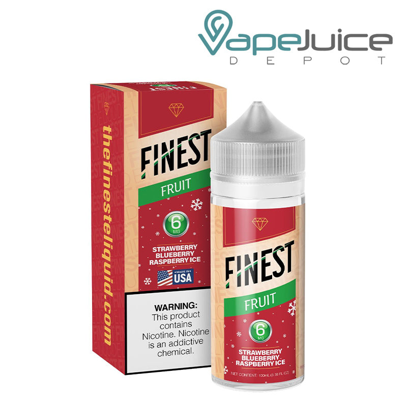 A Box of Strawberry Blueberry Raspberry Ice The Finest Fruit Edition with a warning sign and a 100ml 6mg bottle next to it - Vape Juice Depot
