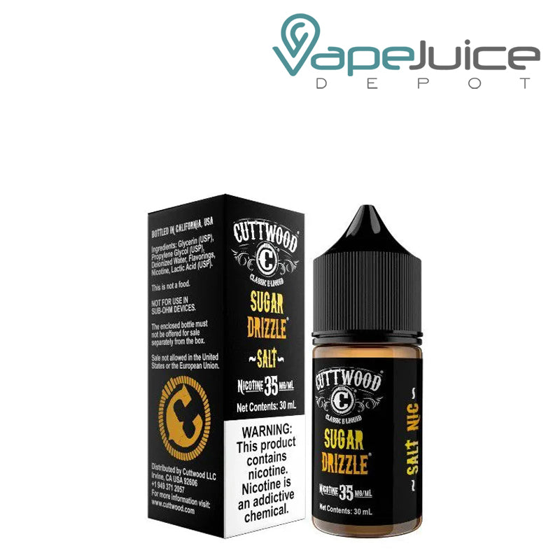 A box of Sugar Drizzle Cuttwood Salt with a warning sign and a 30ml bottle next to it - Vape Juice Depot
