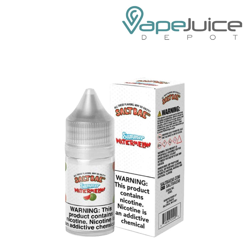 A 30ml bottle of Summer Watermelon SaltBae50 Salt and a box with a warning sign next to it - Vape Juice Depot
