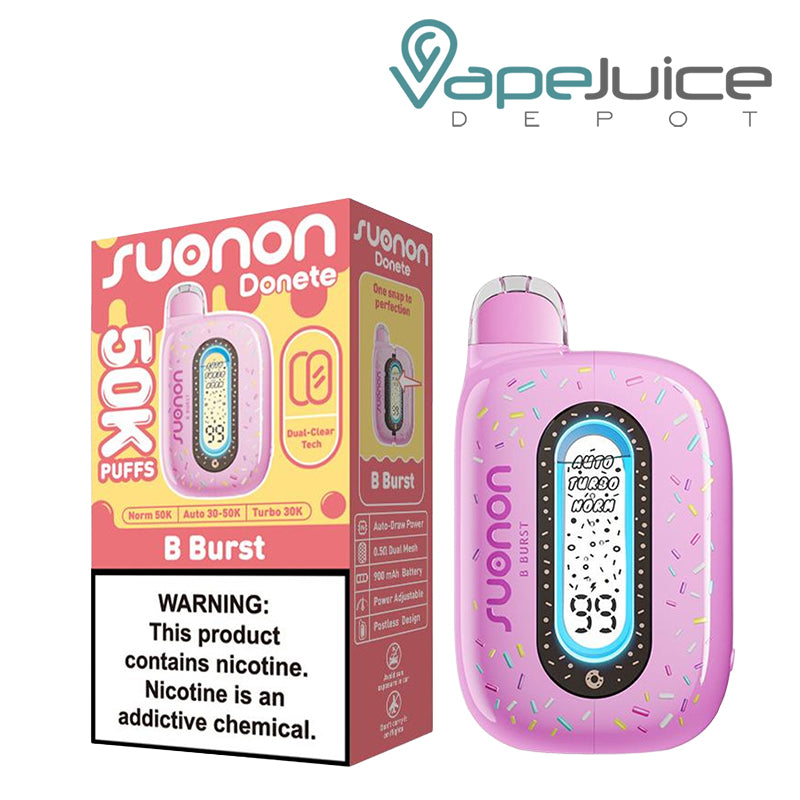 A Box of B Burst Suonon Donete 50K Disposable with a warning sign and a device with a display screen next to it - Vape Juice Depot