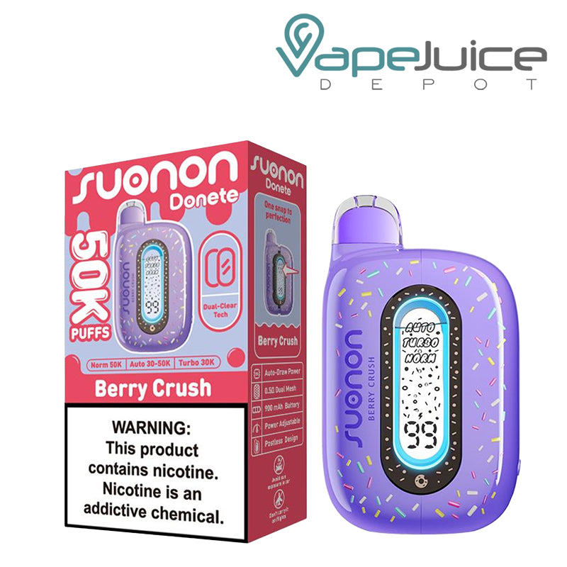 A Box of Berry Crush Suonon Donete 50K Disposable with a warning sign and a device with a display screen next to it - Vape Juice Depot