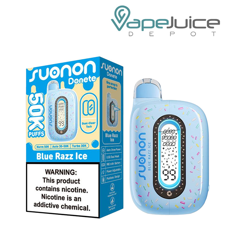 A Box of Blue Razz Ice Suonon Donete 50K Disposable with a warning sign and a device with a display screen next to it - Vape Juice Depot