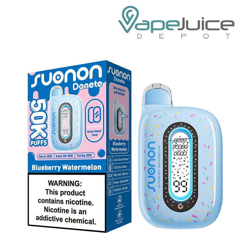 A Box of Bleberry Watermelon Suonon Donete 50K Disposable with a warning sign and a device with a display screen next to it - Vape Juice Depot