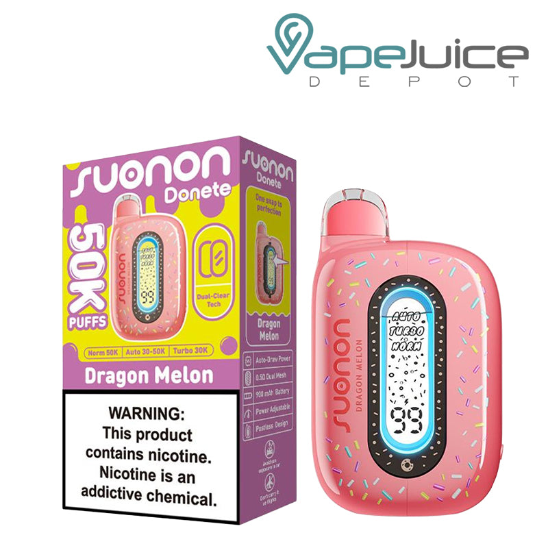 A Box of Dragon Melon Suonon Donete 50K Disposable with a warning sign and a device with a display screen next to it - Vape Juice Depot
