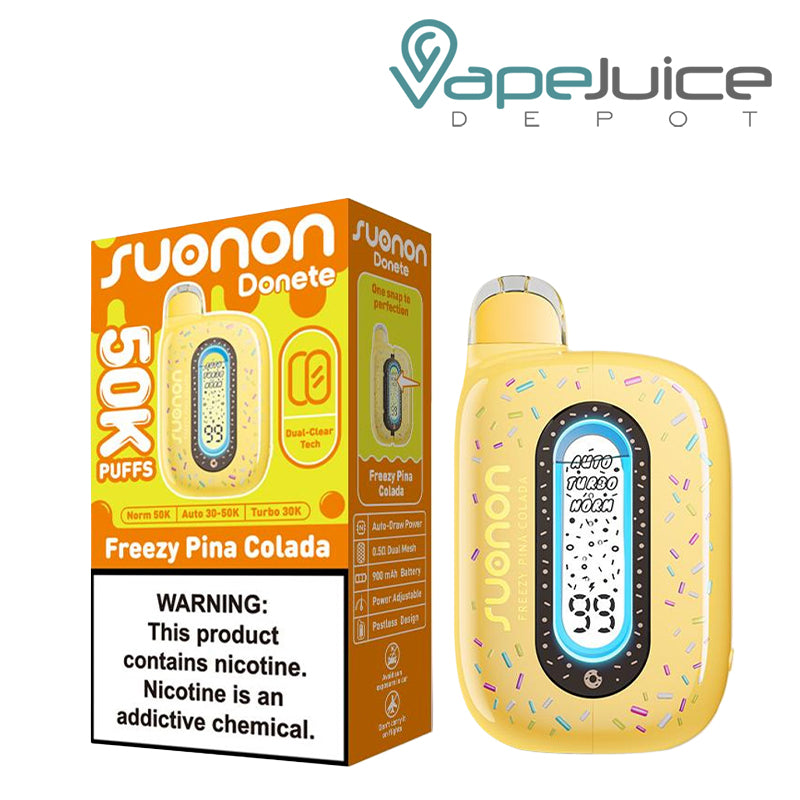 A Box of Freezy Pina Colada Suonon Donete 50K Disposable with a warning sign and a device with a display screen next to it - Vape Juice Depot