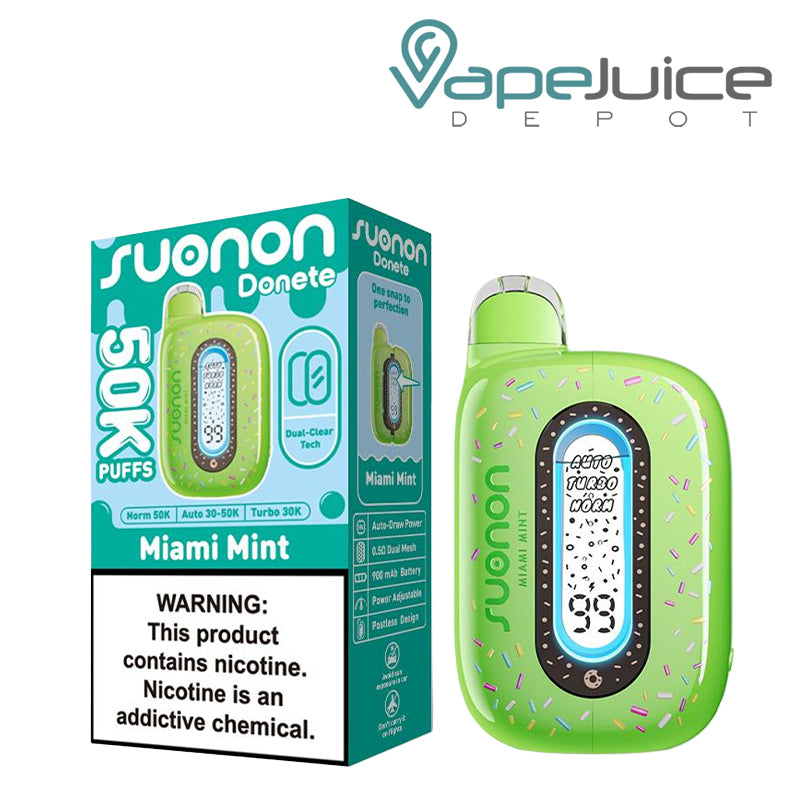 A Box of Miami Mint Suonon Donete 50K Disposable with a warning sign and a device with a display screen next to it - Vape Juice Depot