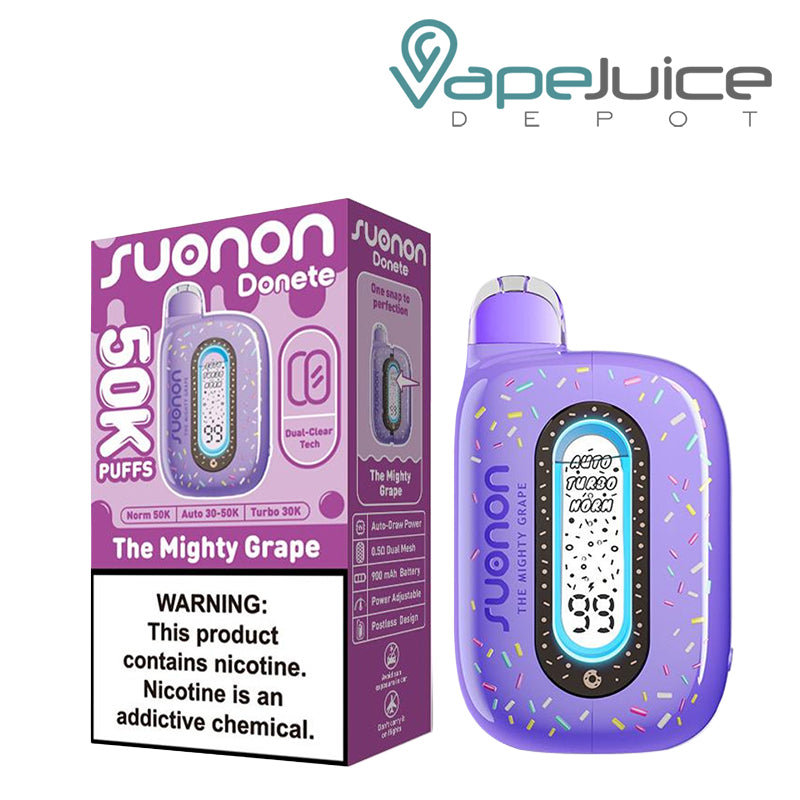A Box of The Mighty Grape Suonon Donete 50K Disposable with a warning sign and a device with a display screen next to it - Vape Juice Depot