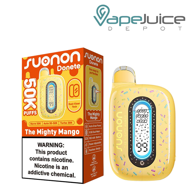 A Box of The Mighty Mango Suonon Donete 50K Disposable with a warning sign and a device with a display screen next to it - Vape Juice Depot